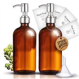 Flacon Pompe Vide Verre 500ml Ambre Vintage | Lot de 2 + Entonnoir | INOX Brossé | Marque Française | Distributeur Savon Gel Hyd