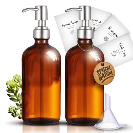Flacon Pompe Vide Verre 500ml Ambre Vintage | Lot de 2 + Entonnoir | INOX Brossé | Marque Française | Distributeur Savon Gel Hyd