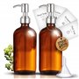 Flacon Pompe Vide Verre 500ml Ambre Vintage | Lot de 2 + Entonnoir | INOX Brossé | Marque Française | Distributeur Savon Gel Hyd