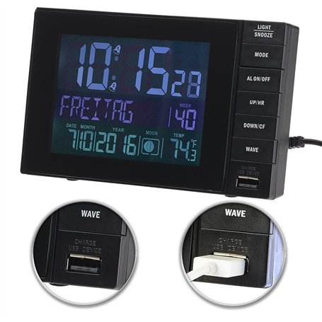 infactory Réveil Digital Radio-piloté avec thermomètre et Port USB 2A