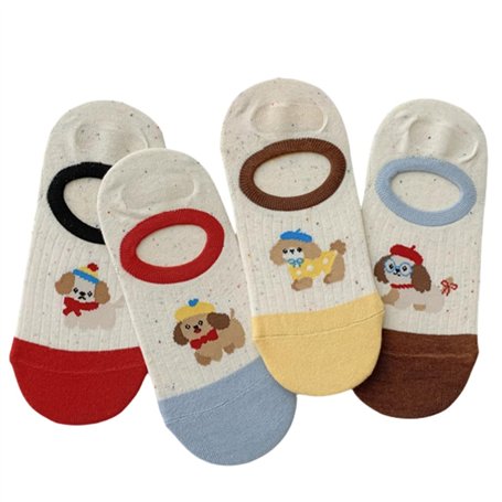 ThiCc Lot de 5 paires de chaussettes invisibles pour femme - Motif chien de dessin animé mignon - Chaussettes avec talon en sili