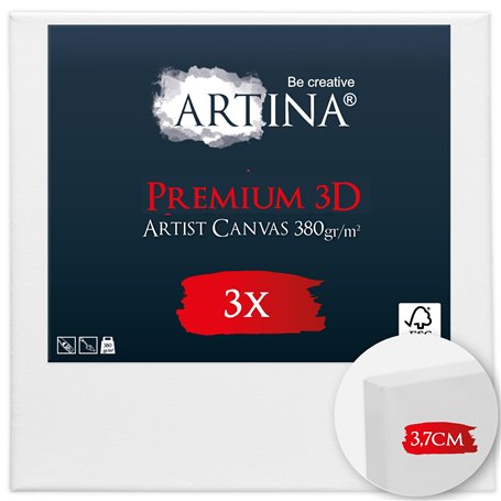 Artina Lot de 3 Premium 3D Canvas Toile Peinture 25x25 cm – FSC® Châssis Bois pour Toiles 100% Coton 380 g/m² Sans Acide – Toile