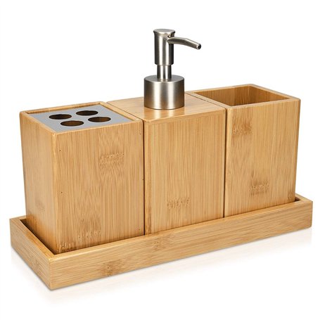 Navaris Set Accessoires Salle de Bain - 4X Accessoire pour Salle de Bain en Bambou - Porte-Brosse à dent - Distributeur de Savon