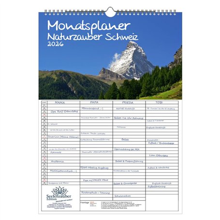 Naturzauber Calendrier familial Suisse à 4 colonnes DIN A3 Calendrier 2026 Vacances naturelles – Set : 1 calendrier