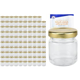 MamboCat Lot de 100 bocaux ronds de 53 ml avec couvercle doré TO 43 avec livret de recettes Diamant Gelierzauber (français non g