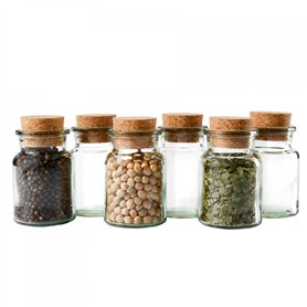 Lot de 6 pots à épices Mambocat - Volume de 150 ml - Pots en verre réutilisables avec bouchon en liège - Verre rond de qualité -
