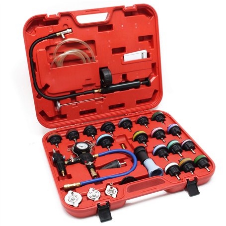 Kit Testeur de pression Système de refroidissement 27 pcs. Bouchon Codage par couleur & Pompe Test