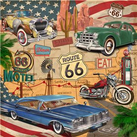 Lot de 20 serviettes USA Trip - Route 66 - Voitures classiques - Amérique - Vintage 33 x 33 cm