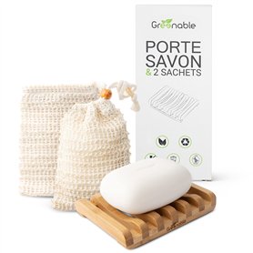 Greenable ® Porte-Savon & 2 Sachets de Savon - Égouttoir en bambou avec effet de séchage rapide - Sachet en sisal avec effet exf