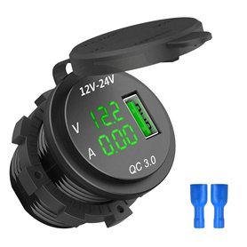 Cpolebev 12V / 24V Charge 3.0 Chargeur Allume-Cigare De Voiture Allume-Cigare Conduit VoltmÈTre AmpÈRemÈTre Noir Et Vert