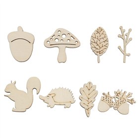 SG Store 200pcs Embellissements en Bois Copeaux de Bois Décoratifs Écureuil Champignon Feuille Hérisson Gland Brindille Formes T