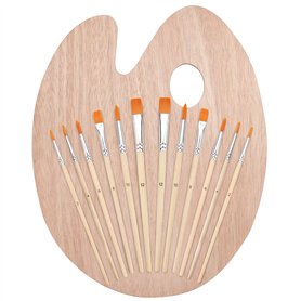 Kurtzy Set Pinceau Peinture et Palette en Bois (12 Pinceaux) Palette de Peintre Ovale - Peinture Acrylique