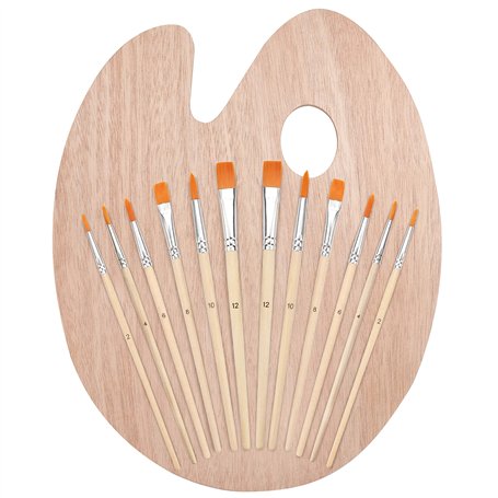 Kurtzy Set Pinceau Peinture et Palette en Bois (12 Pinceaux) Palette de Peintre Ovale - Peinture Acrylique