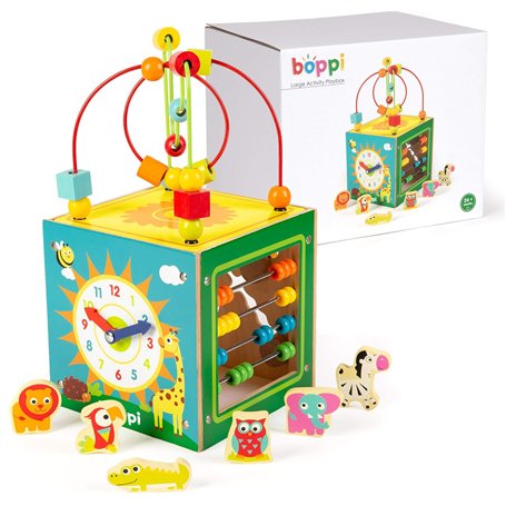 boppi Grand Cube d'activité en Bois 5 en 1 Labyrinthe à Billes à 2 Sens Huit Jouet sensoriel pour bébé avec Boulier Horloge Trie