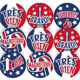 Lot de 144 mots d'éloges en couleur française – 30 mm – Autocollants de récompense brillants pour enseignants et parents