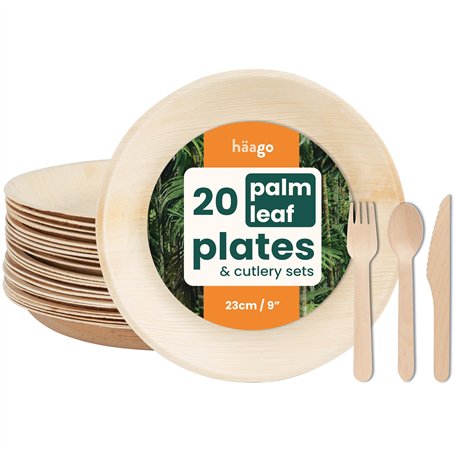 HAAGO 80 Pcs Vaisselle Jetable en Feuille de Palmier - Disposable Plates & Cutlery