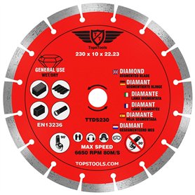 1 x TopsTools TTDS230 Lame de scie circulaire pour meuleuse d'angle diamantée segmentée à alésage de 230mm (9") x 10mm x 22