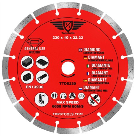1 x TopsTools TTDS230 Lame de scie circulaire pour meuleuse d'angle diamantée segmentée à alésage de 230mm (9") x 10mm x 22