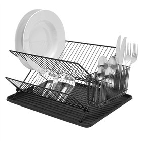 simplywire - Égouttoir Pliable - Égouttoir à Assiettes avec Porte-Couverts - Acier Enduit de Poudre Noire
