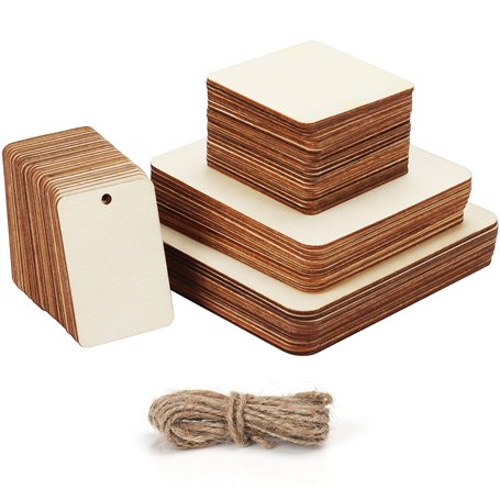 Belle Vous Planchette Vierge Brut (66 Pièces) - 4 Tailles de Plaquette Avec Ficelle - Plaque en Bois pour Projets Artistiques/Cr