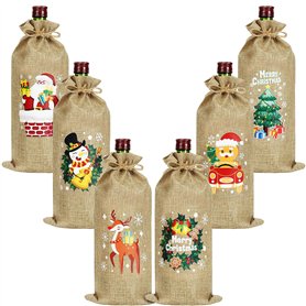 BELLE VOUS Lot de 6 Sac Bouteille Noel en Toile de Jute - Emballage Cadeau Bouteille Vin avec Cordon en Corde - Pochette Cadeau