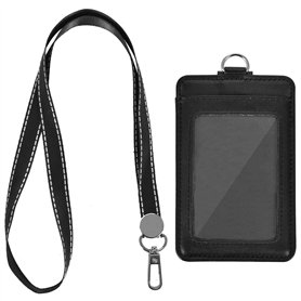 Porte Badge en Cuir PU Porte Carte D'Identité Vertical Cuir Porte-Carte avec Lanière pour Carte et Fenêtre Transparente Tour de