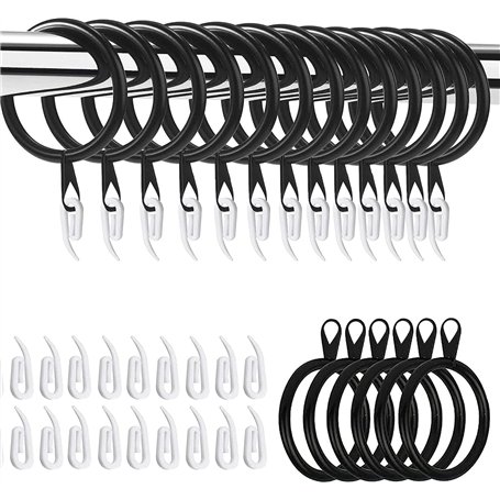 Hommakr Lot de 24 anneaux de rideaux et crochets en métal avec 32 mm de diamètre intérieur et œillets pour rideaux de douche