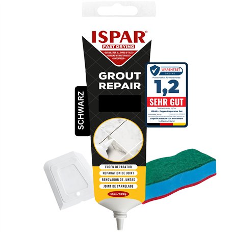ISPAR Mortier de jointoiement noir 400 g – Enduit prêt à l'emploi pour carrelage – Avec spatule et éponge – Réparation des joint