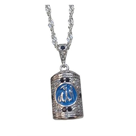 Religion Musulmane Joli Pendentif Bijou Allah en Argent Jawshan de Supplication Bleu avec Chaîne également en Argent PA06