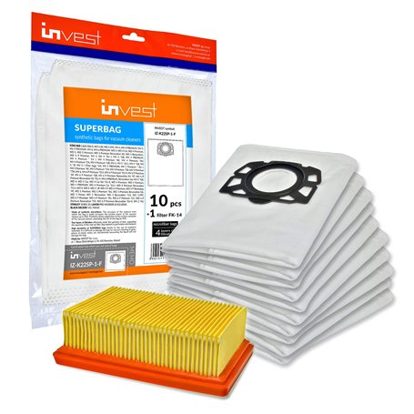 Invest - Lot de 10 sacs d'aspirateur filtrants pour Kärcher 2.863-006.0 WD4 WD5 WD6 MV4 MV5 MV6 Type KA 33 Filtre plissé plat 2.