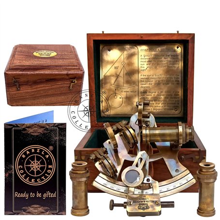 Kelvin & Hughes Sextant nautique en laiton antique avec boîte en bois et 2 télescopes supplémentaires