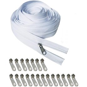 Fermeture éclair sans fin de 10 m avec fermeture éclair – Longue fermeture éclair en nylon avec 20 tirettes blanches