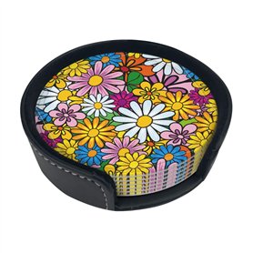 Dessin animé mignon fleurs rotondité dessous de verre en cuir (6 pièces) dessous de verre de protection de table pour table bass