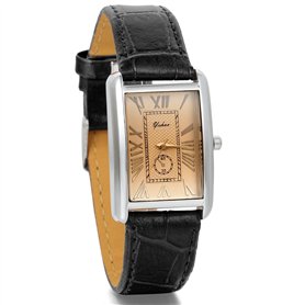 JewelryWe Montre Quartz Rétro Rectangulaire Romain Chiffre Cadran Bracelet Cuir Alliage Homme Femme Couple Amour Noir
