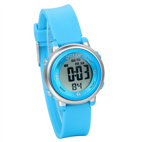 JewelryWe Montre de Sport Enfant Eléctronique Numérique Etanche Rond Cadran Digital Bracelet Caoutchouc Multifonction avec Sac B