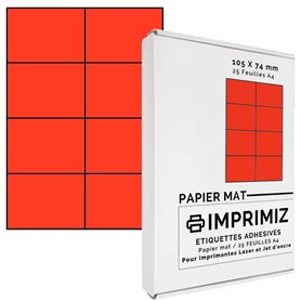 200 étiquettes autocollantes Rouge fluo de 105 X 74 mm - 8 étiquettes/feuille - 25 planches papier A4 adhésif couleur - pour imp