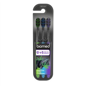 Biomed Lot de 3 brosses à dents noires au charbon de bois | Poils moyens avec pointes arrondies