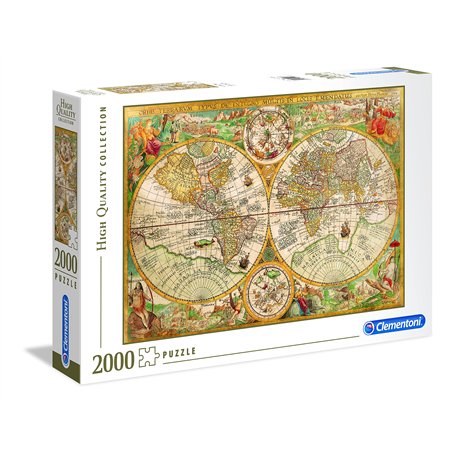 Clementoni | Puzzle Carte du Monde Vintage pous Adultes | 14 Ans+ | 2000 Pièces | Jeu de Société| Carte Double Hémisphère Style