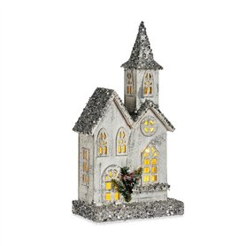 Figurine Décorative Noël Paillettes Lumière LED Maison 22 x 45 x 11 cm Gris Bois Blanc