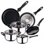Batterie de cuisine 5 pièces en acier inoxydable + Set de 3 poêles Ø16Ø20Ø24 alu pressé