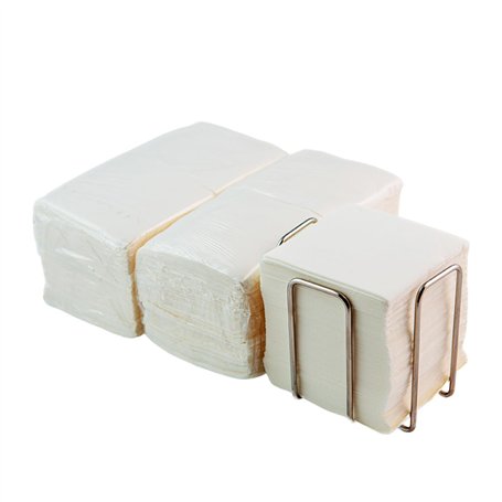 Lot de 300 serviettes cocktail en papier blanc + porte-serviettes de table en acier inoxydable - Texture micro-point - Plus épai