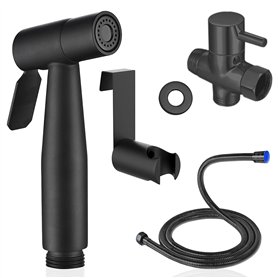 Douchette wc noir acier inox kit complet avec 2 metres de tuyau flexible extra long support et vanne de derivation