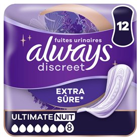 Always Discreet Serviettes Pour Fuites Urinaires Femmes Ultimate Nuit 12 Serviettes Protection Extra Sûre Et Discrétion Optimale