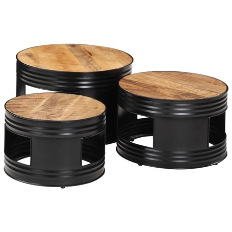 vidaXL Tables de Bar Forme Tambour 3 pcs Bois de manguier Massif Brut