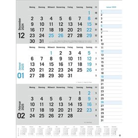 Calendrier mural 2025 bleu 3 mois avec curseur de date
