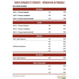 Affichage des tarifs horaires des réparations automobiles - A3