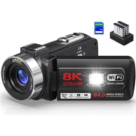 Delmodes Caméra vidéo 8K 64MP 18X Zoom numérique IR Vision nocturne YouTube Vlogging Caméra de vlogging 3