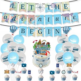 Kit Décoration Fête Voyage Bannière Let the Adventure Begin Ballons Topper Gâteau Cupcake Accessoires Anniversaire Aventure Déco