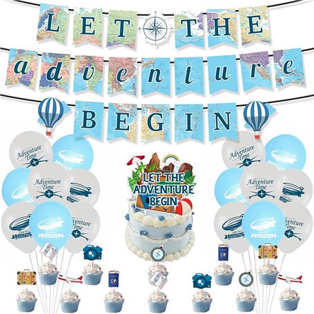 Kit Décoration Fête Voyage Bannière Let the Adventure Begin Ballons Topper Gâteau Cupcake Accessoires Anniversaire Aventure Déco