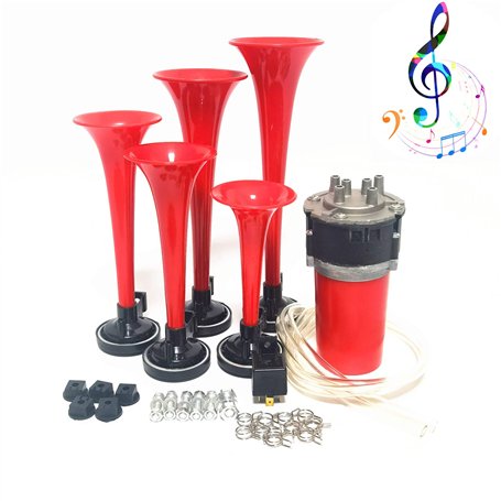 YIYIDA Klaxon de voiture Klaxon de musique 12V corne de musique Klaxon de navire Trompette à cinq tubes Dixie 160db Car Horn rou